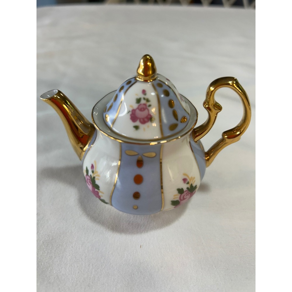Miniature Porcelain Teapot Floral Blue Gold Trim Dollhouse Decor 2.75 Inch